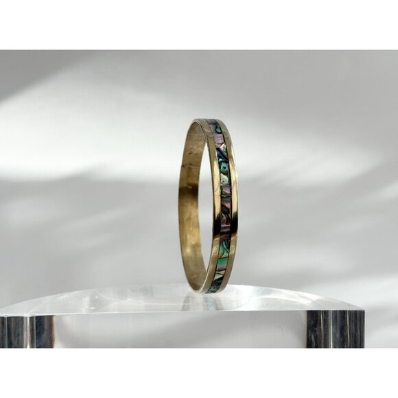 Abalone Hecho De Mexico Gold T Alpaca Silver Vintage Bangle Bracelet | Bangle - Picture 2 of 11